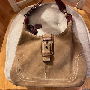 Coach Suede Hobo Shoulder Bag in Tan with Burgundy Trim